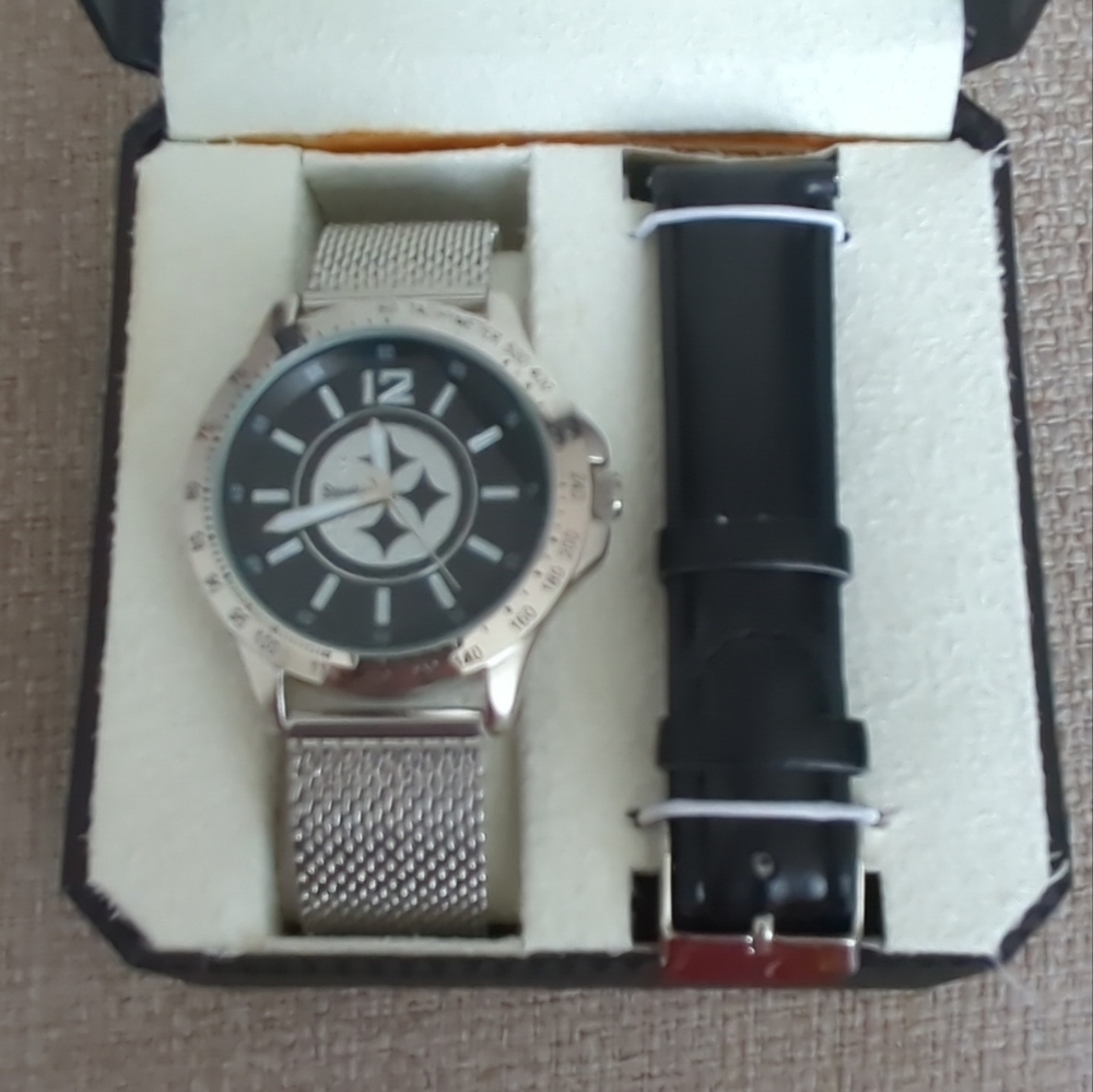 NFL Pittsburgh STEELERS Game Time Men's Silver Mesh & Leather Band NEW BATTERY!